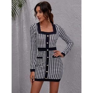 Button Front Houndstooth Bodycon long sleeve Dress black white